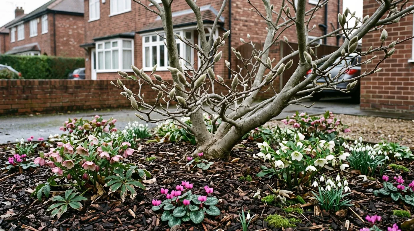 Hellebores, Cyclamen coum and snowdrops planted under a bare magnolia in late winter