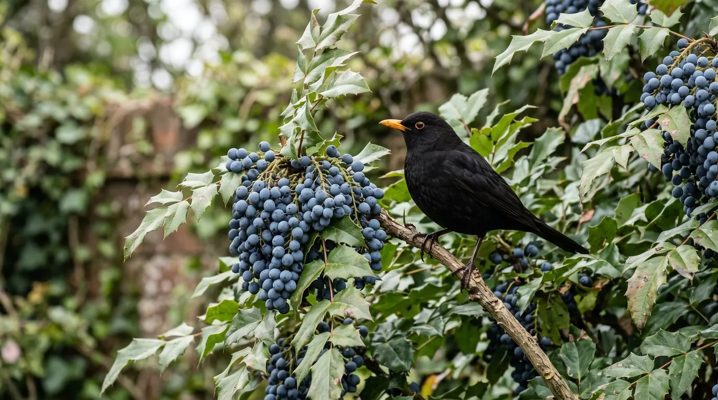 Blackbird perched beside bunches of blue-black mahonia berries in early summer