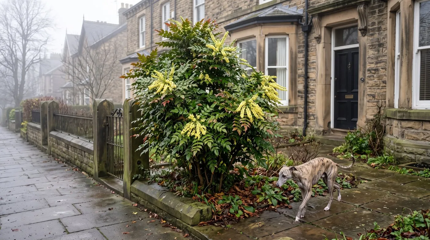 Mahonia japonica in winter flower beside a front path, with a whippet walking past
