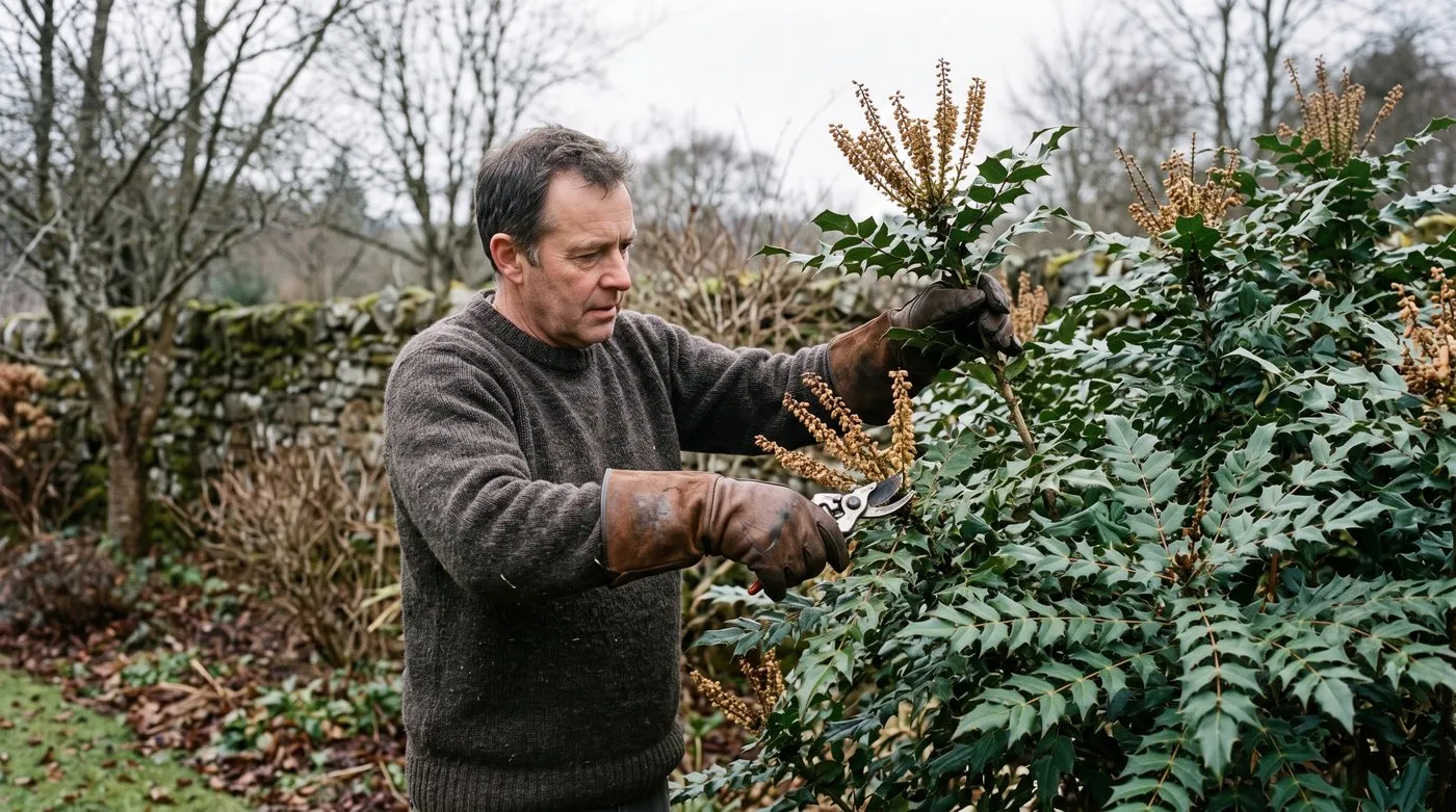 Man in thick gloves pruning faded flower stalks off a mahonia in late winter