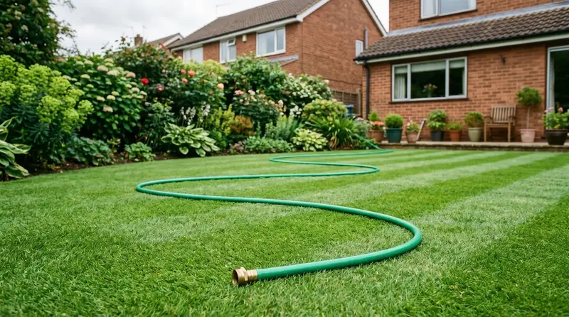 A green hosepipe laid in a curved shape across a striped suburban lawn to mark out a new flower bed