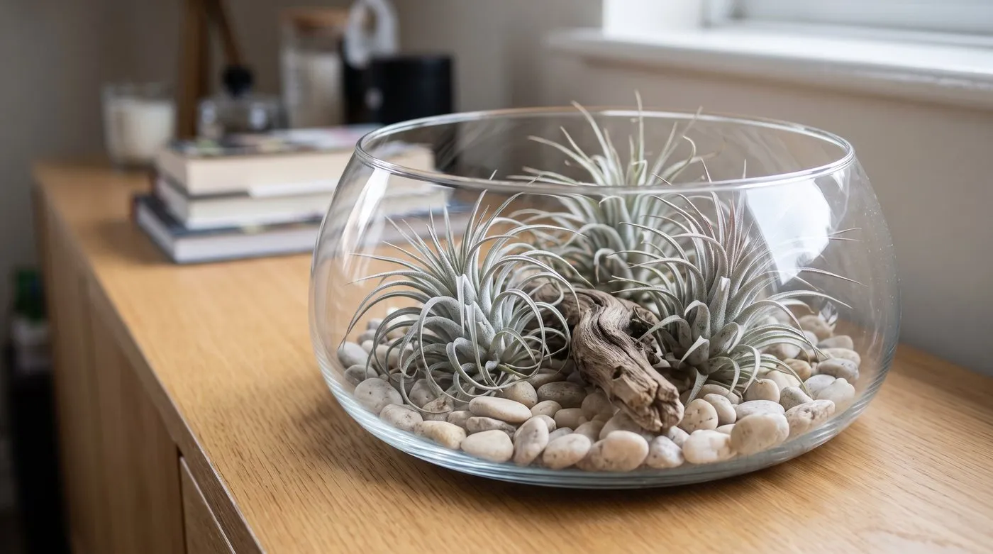 Open glass bowl of silvery air plants resting on pebbles and driftwood
