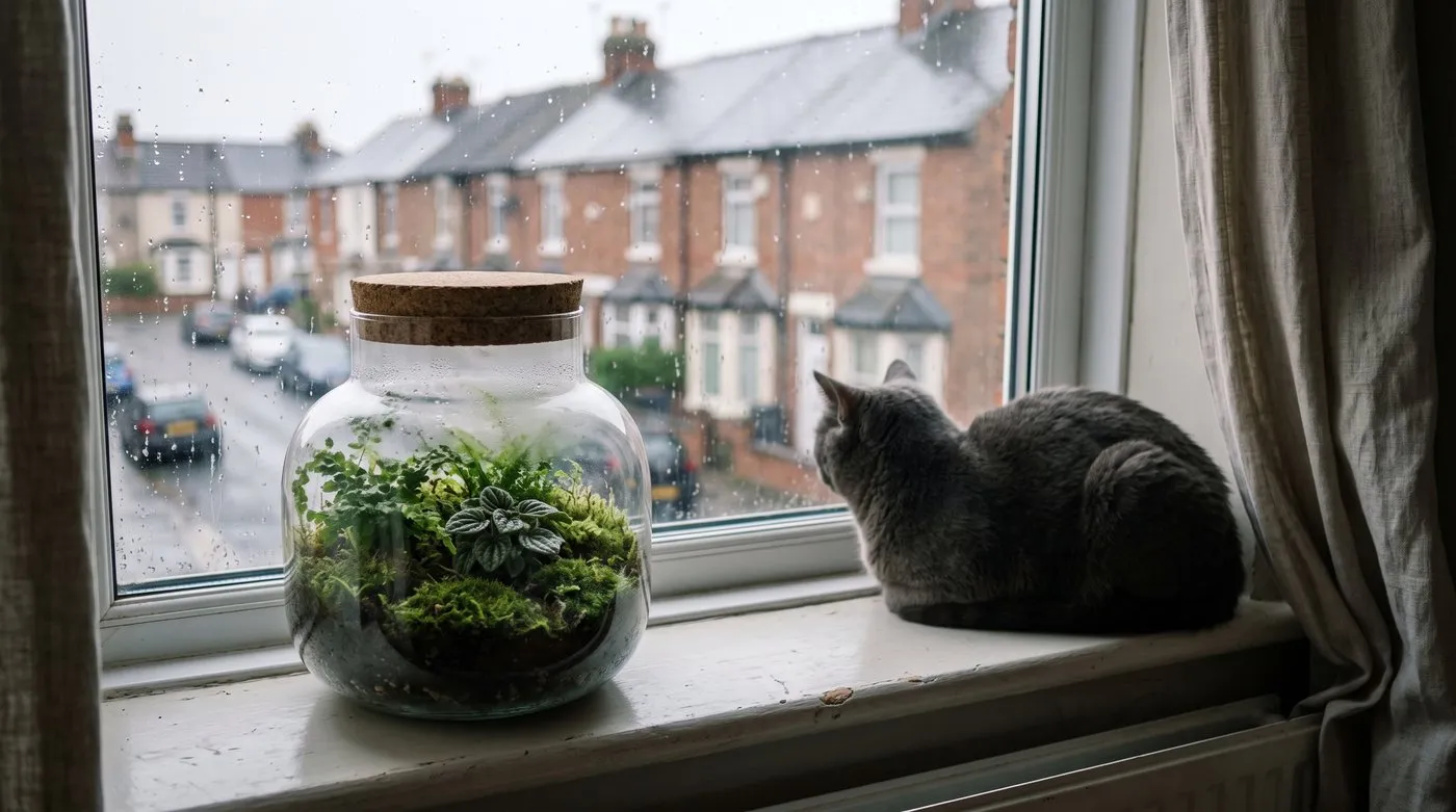 Closed terrarium with light morning condensation on a north-facing windowsill beside a cat