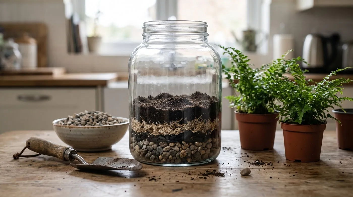 Glass jar showing terrarium layers of pebbles, charcoal, moss and compost