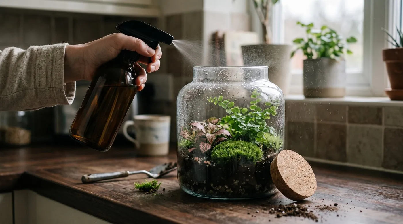 Spray bottle lightly misting a newly planted terrarium before the lid goes on