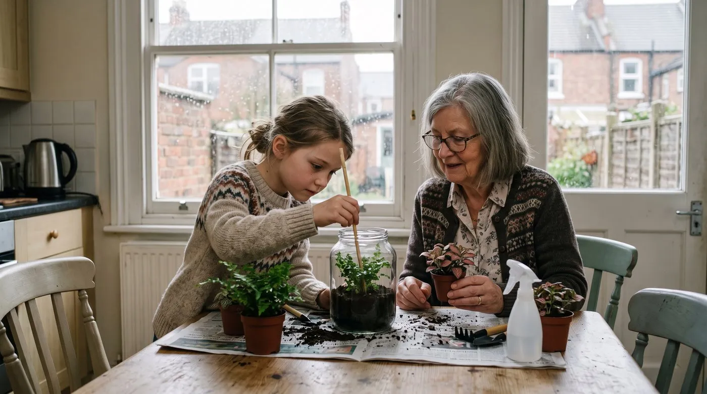 Girl and grandmother planting a small fern into a glass terrarium jar with a chopstick