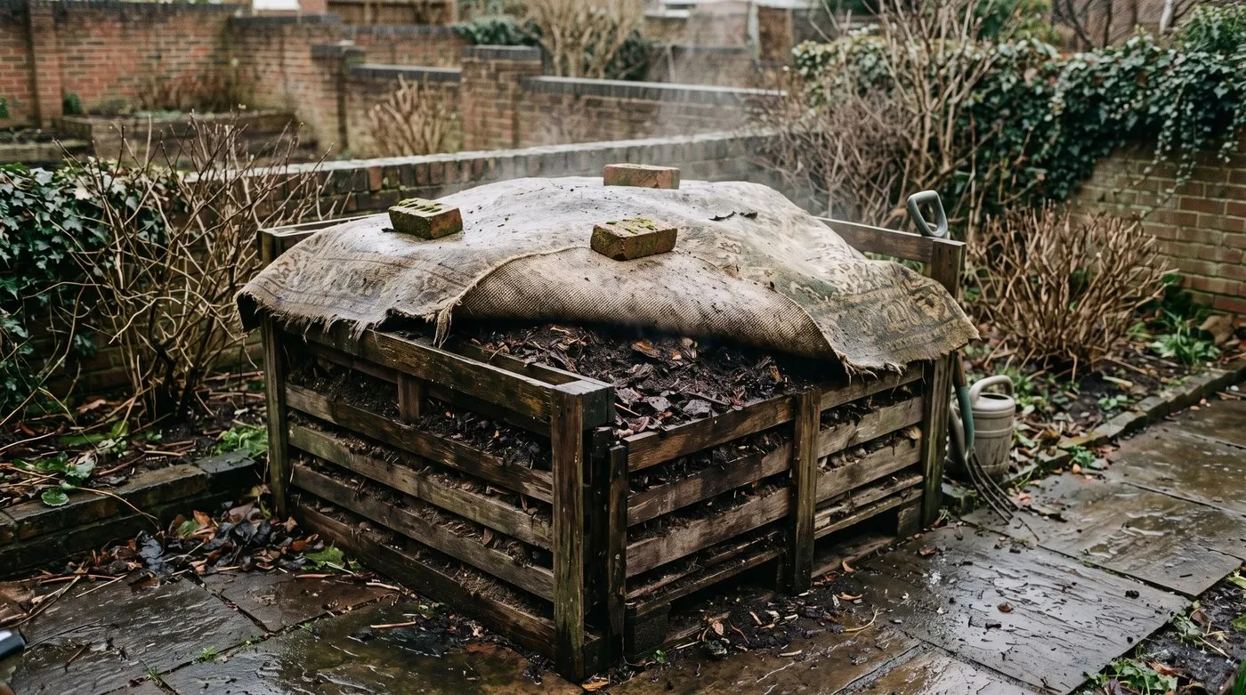 Compost heap covered with old carpet in winter, one corner lifted to show moist compost