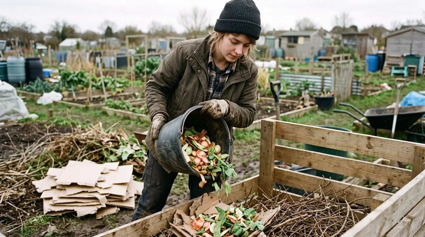 Gardener adding green kitchen waste over a twiggy base layer in a new wooden compost bay