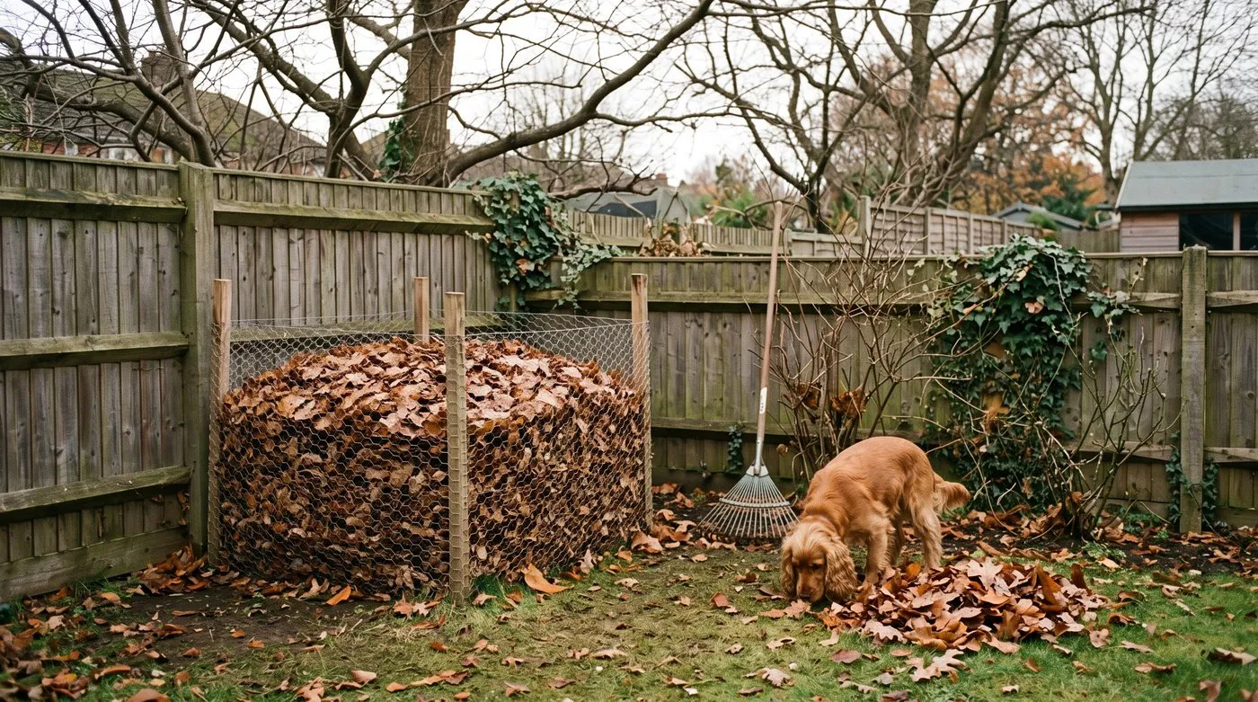 Chicken wire pen full of autumn leaves for leafmould with a spaniel sniffing nearby