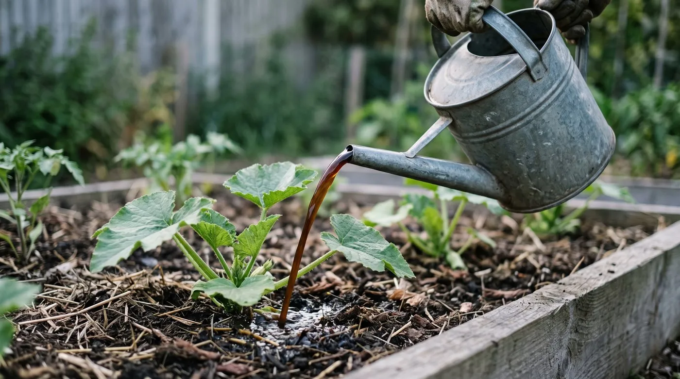 Watering can pouring compost tea onto the soil around a young courgette plant