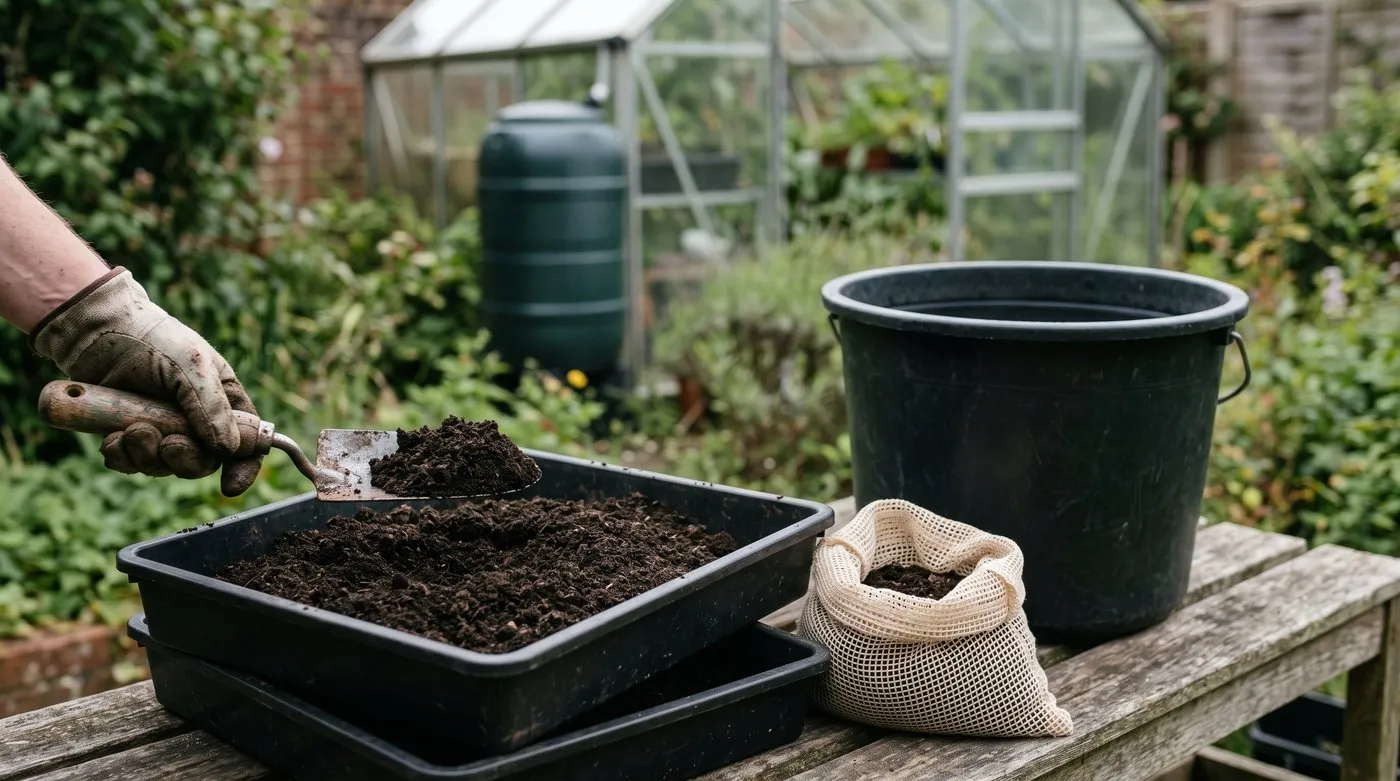 Fine dark worm castings from a wormery tray being scooped into a mesh bag for worm tea