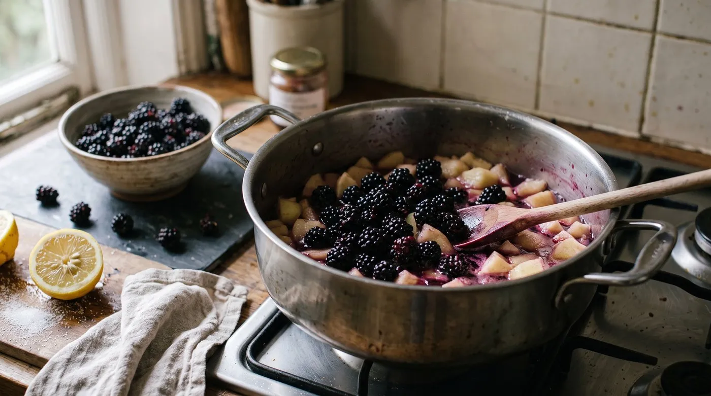 Blackberries added to softened cooking apple in a preserving pan for blackberry jam