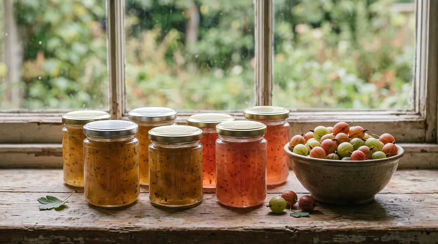 Jars of amber and rosy pink gooseberry jam cooling on a sunny windowsill