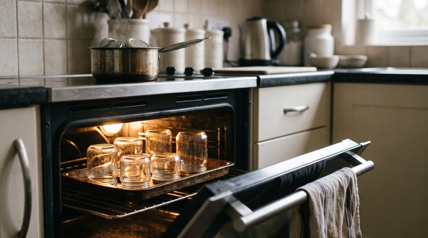 Clean jam jars upside down on a baking tray in the oven, with lids boiling on the hob