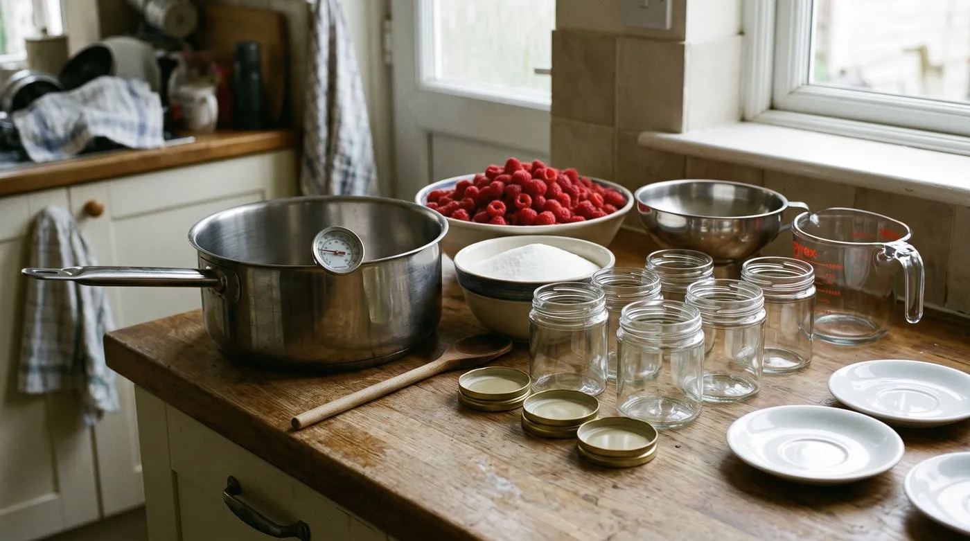 Jam-making kit of preserving pan, thermometer, wooden spoon, funnel, jars and saucers