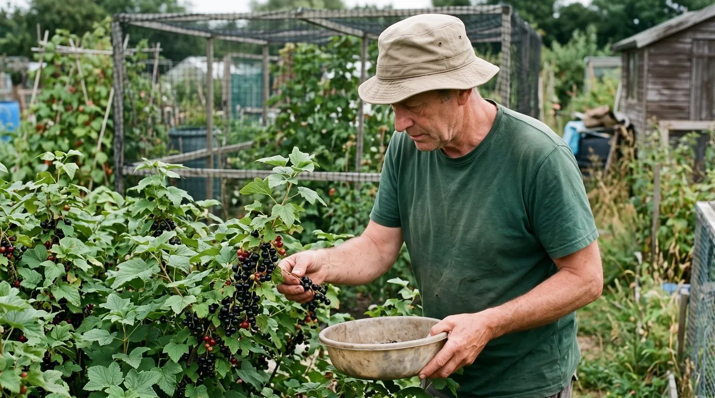 Allotment gardener picking strigs of ripe blackcurrants into a bowl in July