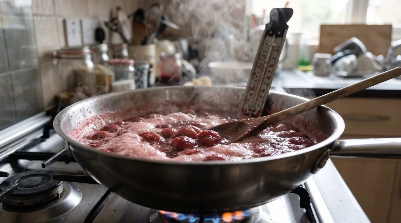 Strawberry jam at a full rolling boil in a wide preserving pan with a thermometer clipped on