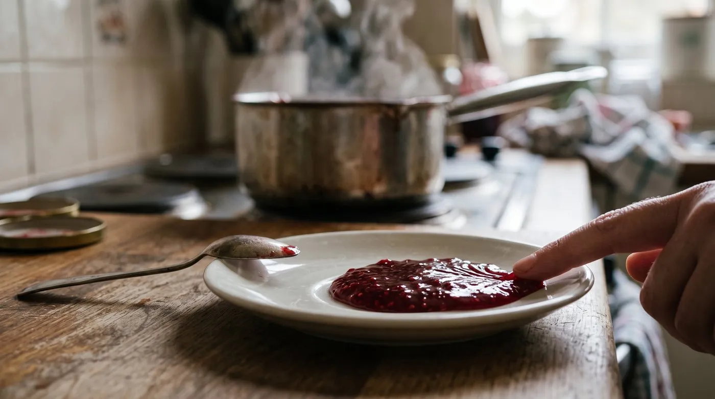 Raspberry jam on a cold saucer wrinkling when pushed, showing it has set