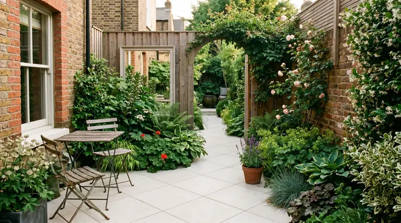 Small UK courtyard garden made to look bigger with diagonal pale paving, layered planting and a glimpsed mirror at dusk