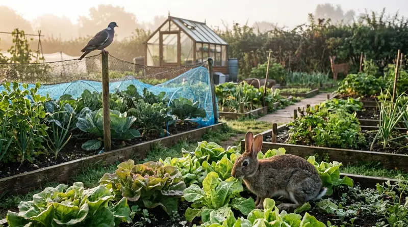 UK kitchen garden at dawn with a wild rabbit grazing in the foreground