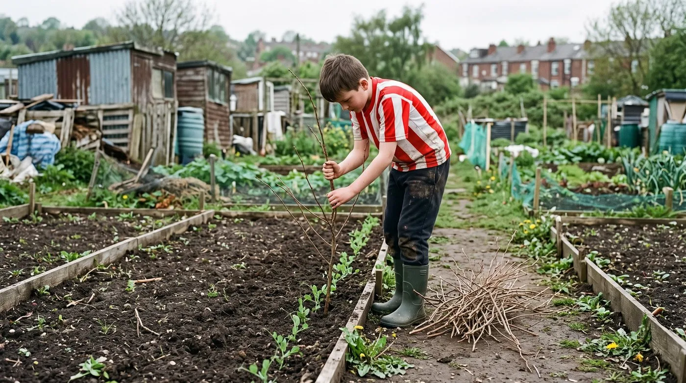 Boy pushing twiggy hazel pea sticks into the soil beside young pea seedlings