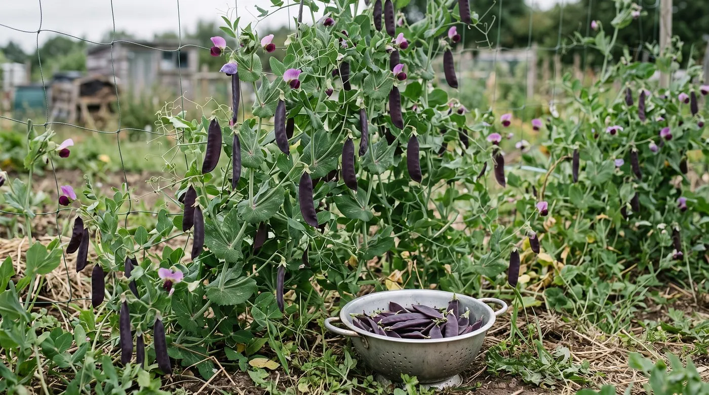 Flat purple Shiraz mangetout pods ready to pick on tall pea netting