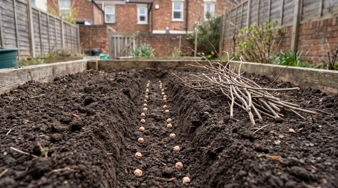 Pea seeds spaced in two staggered rows in a flat-bottomed trench, ready to cover