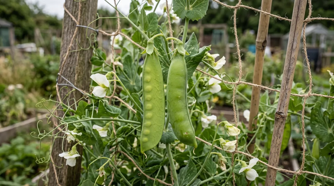 Flat mangetout pods next to plump, round sugar snap pods on pea vines