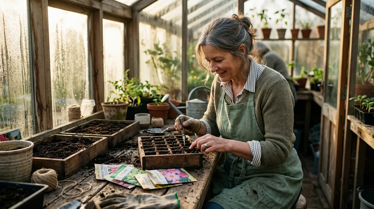 Gardener sowing seeds into trays on a potting bench in a greenhouse in early spring morning light