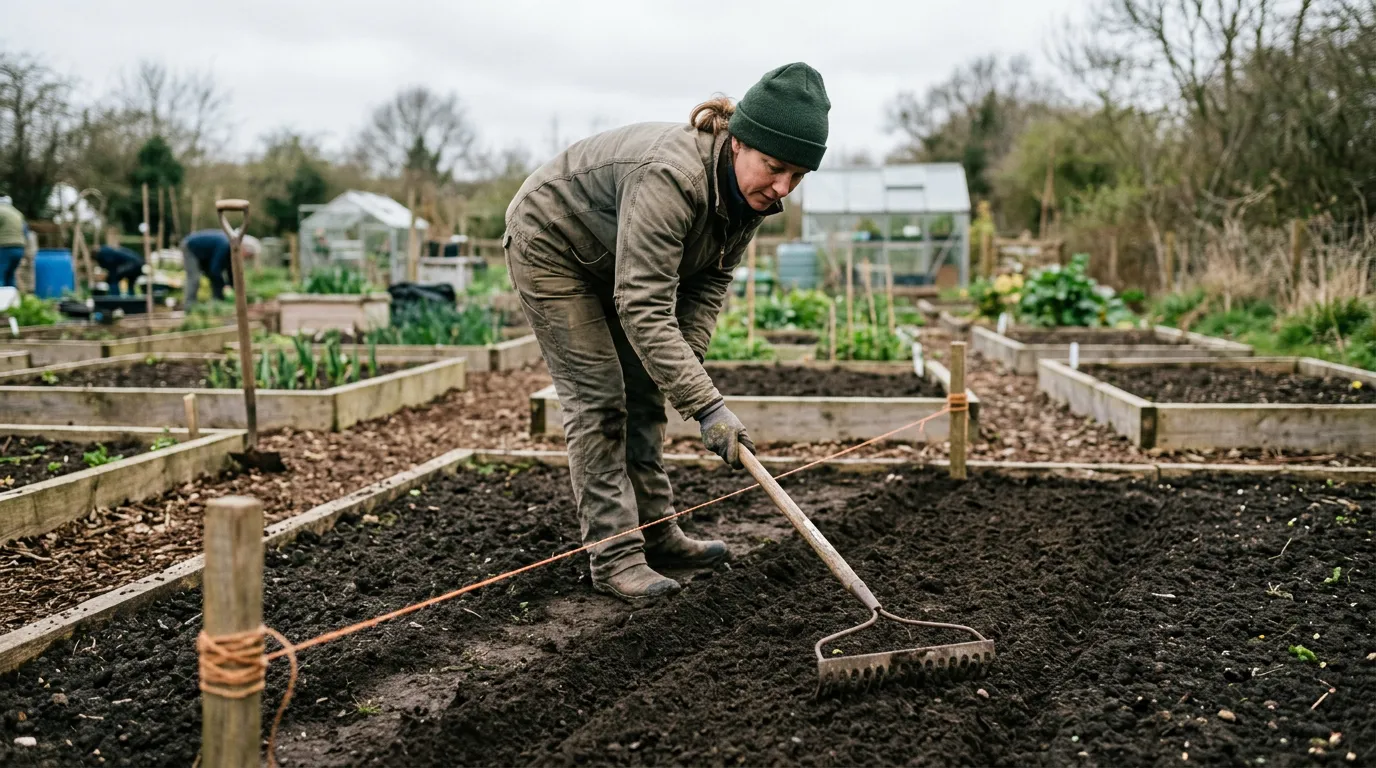 Gardener creating seed drills in prepared soil with a rake and string line in a March vegetable plot