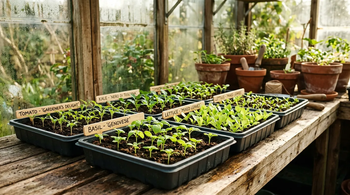 Seed trays filled with labelled seedlings on a greenhouse bench with morning light streaming through glass