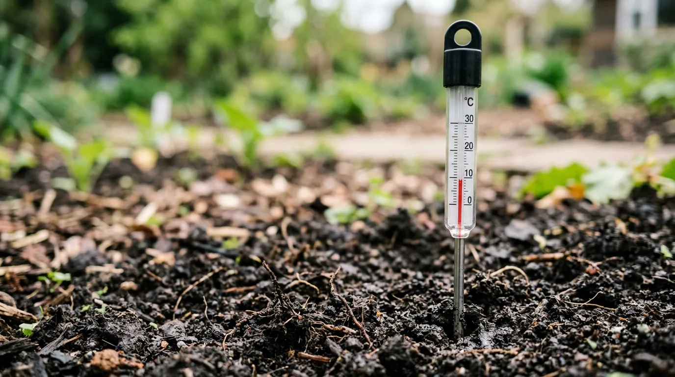 Close-up of a soil thermometer pushed into garden soil reading 8 degrees celsius