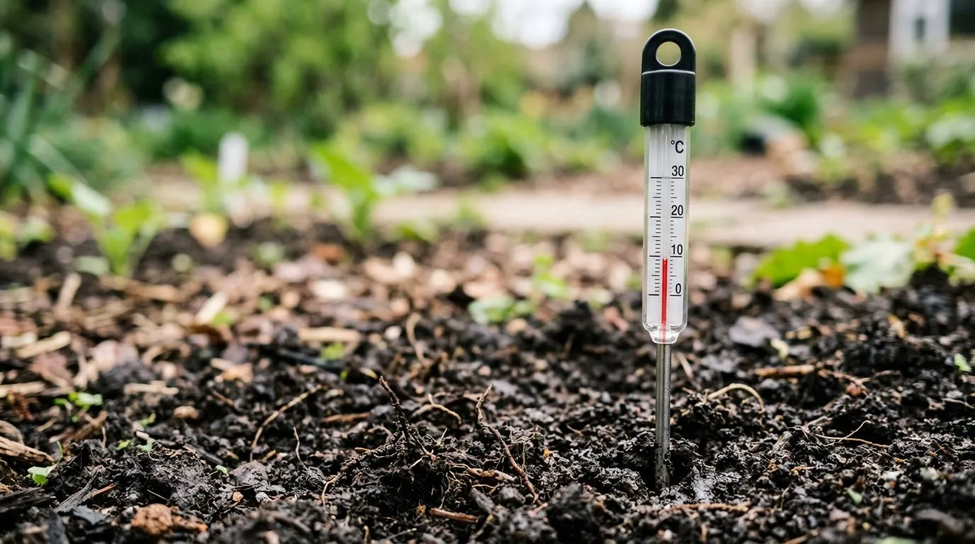 March soil temperature check with a thermometer pushed into garden soil reading 8 degrees celsius