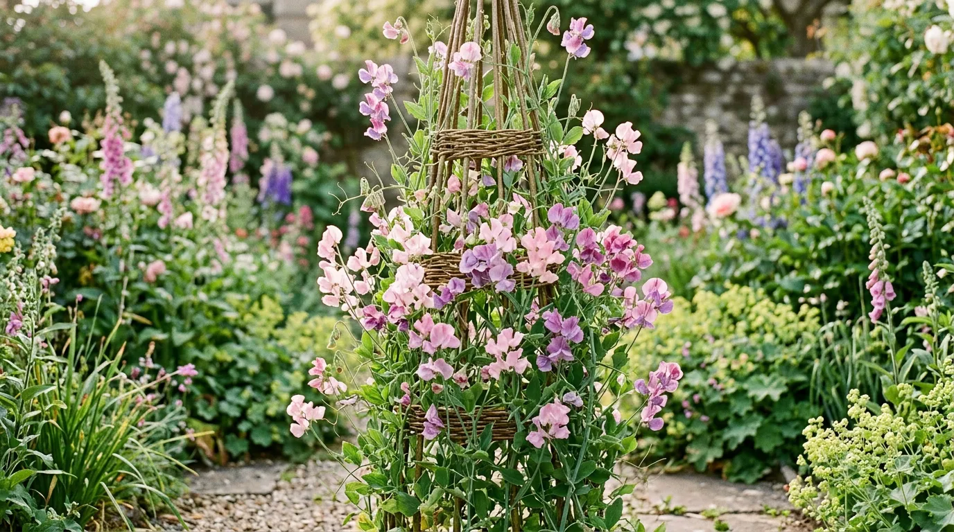 Sweet peas growing up a willow obelisk in a cottage garden with soft spring sunlight