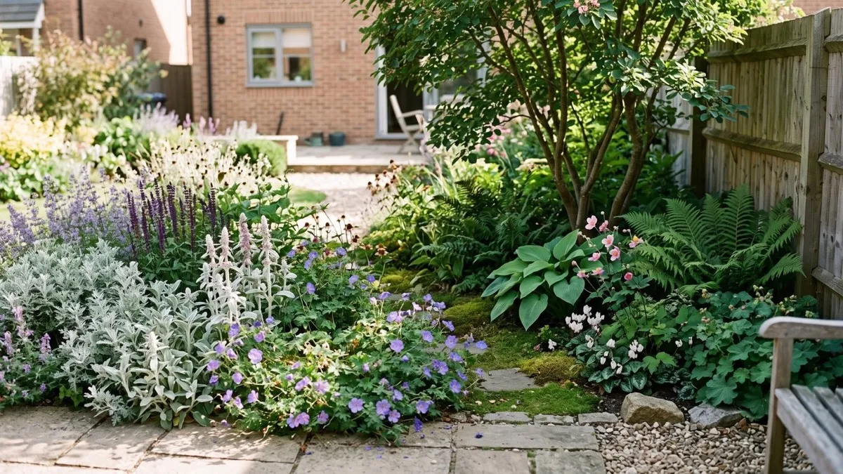 Modern cottage border showing sunny and shaded planting zones