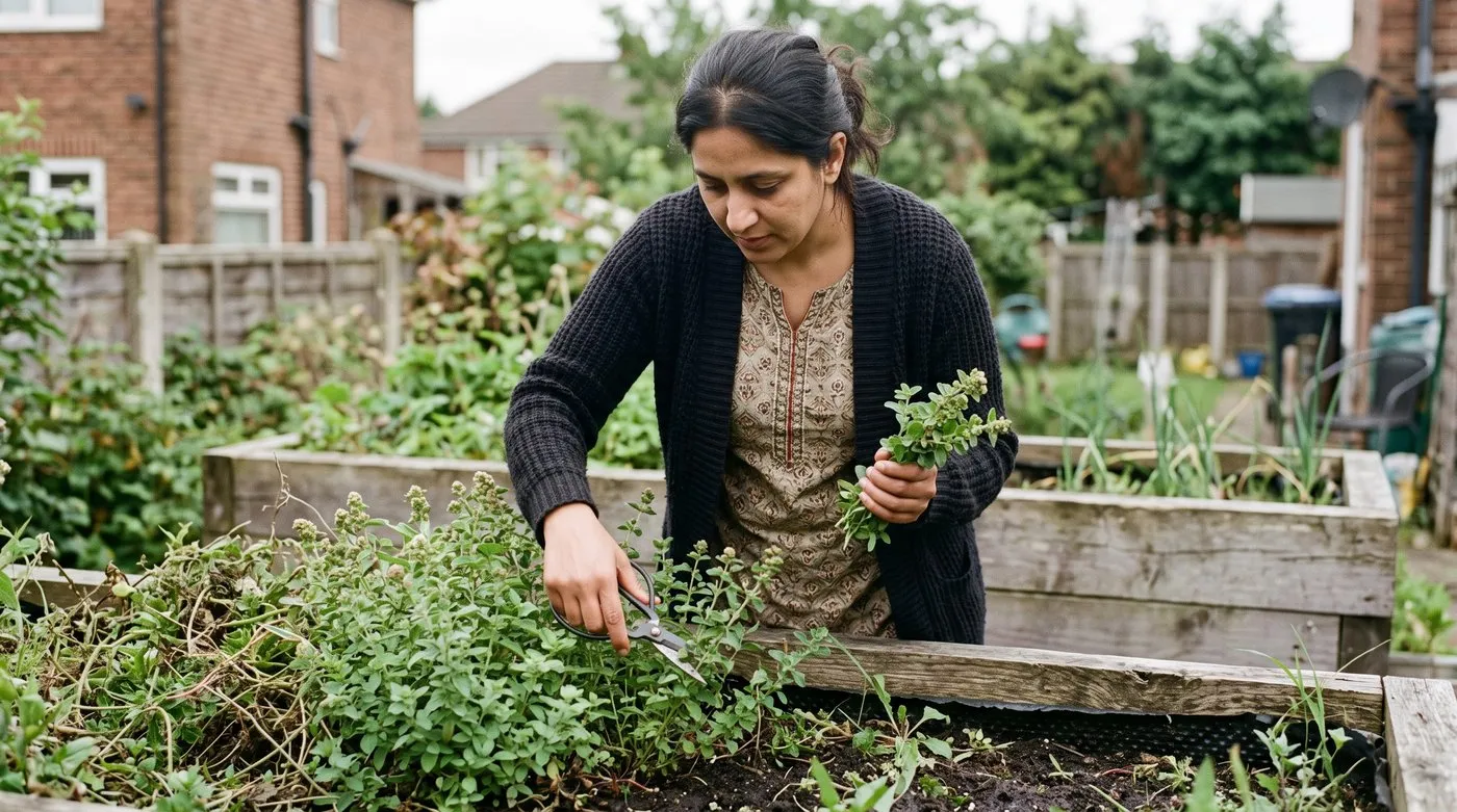 Woman cutting marjoram stems above the soil with scissors before the flowers open