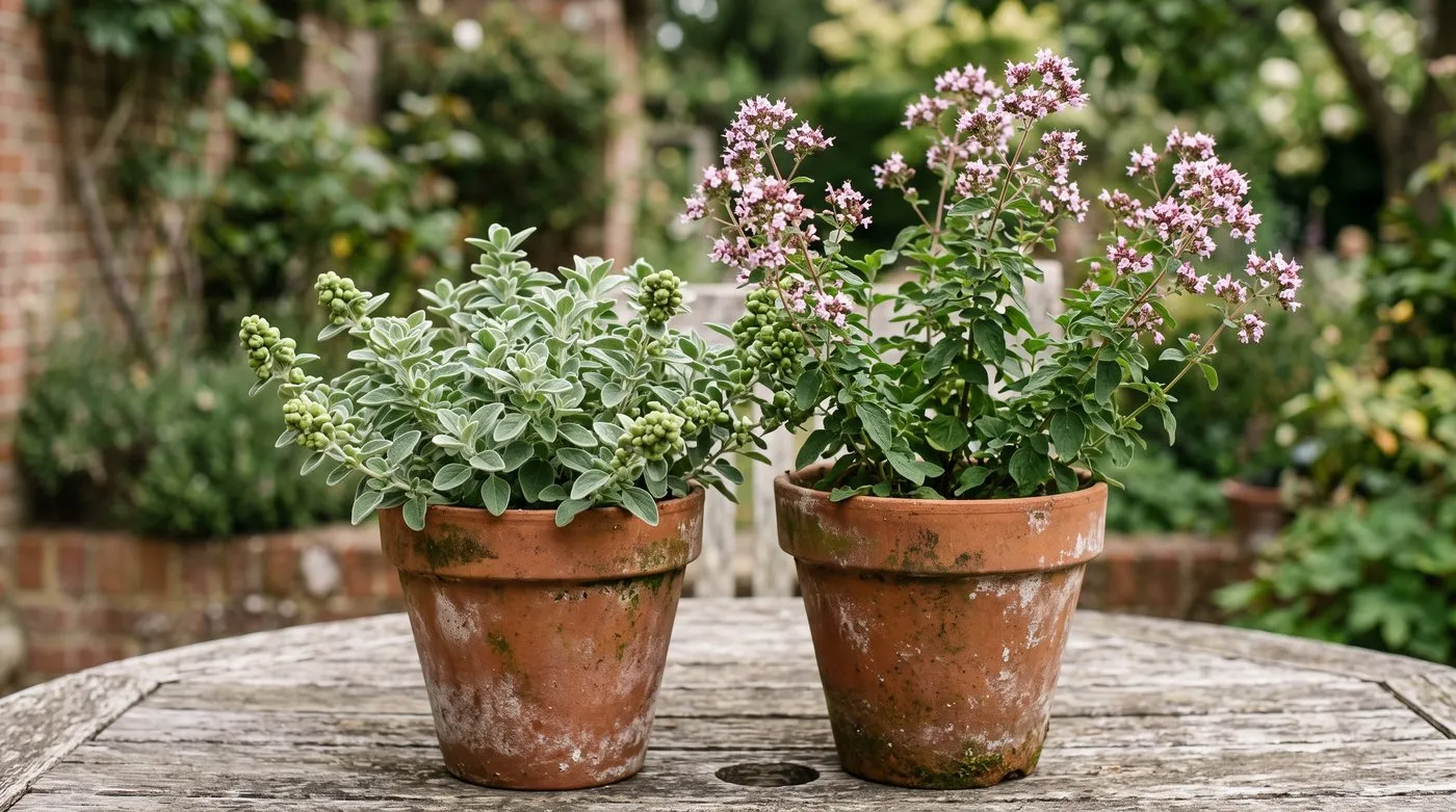Sweet marjoram with knotted buds beside oregano with pink-purple flowers in terracotta pots