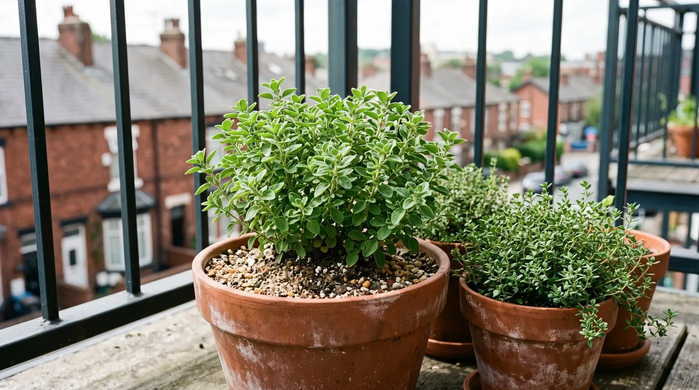 Sweet marjoram in a terracotta pot of gritty compost on a sunny city balcony