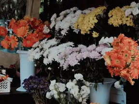 Artisan market stall with cut flowers and garden goods