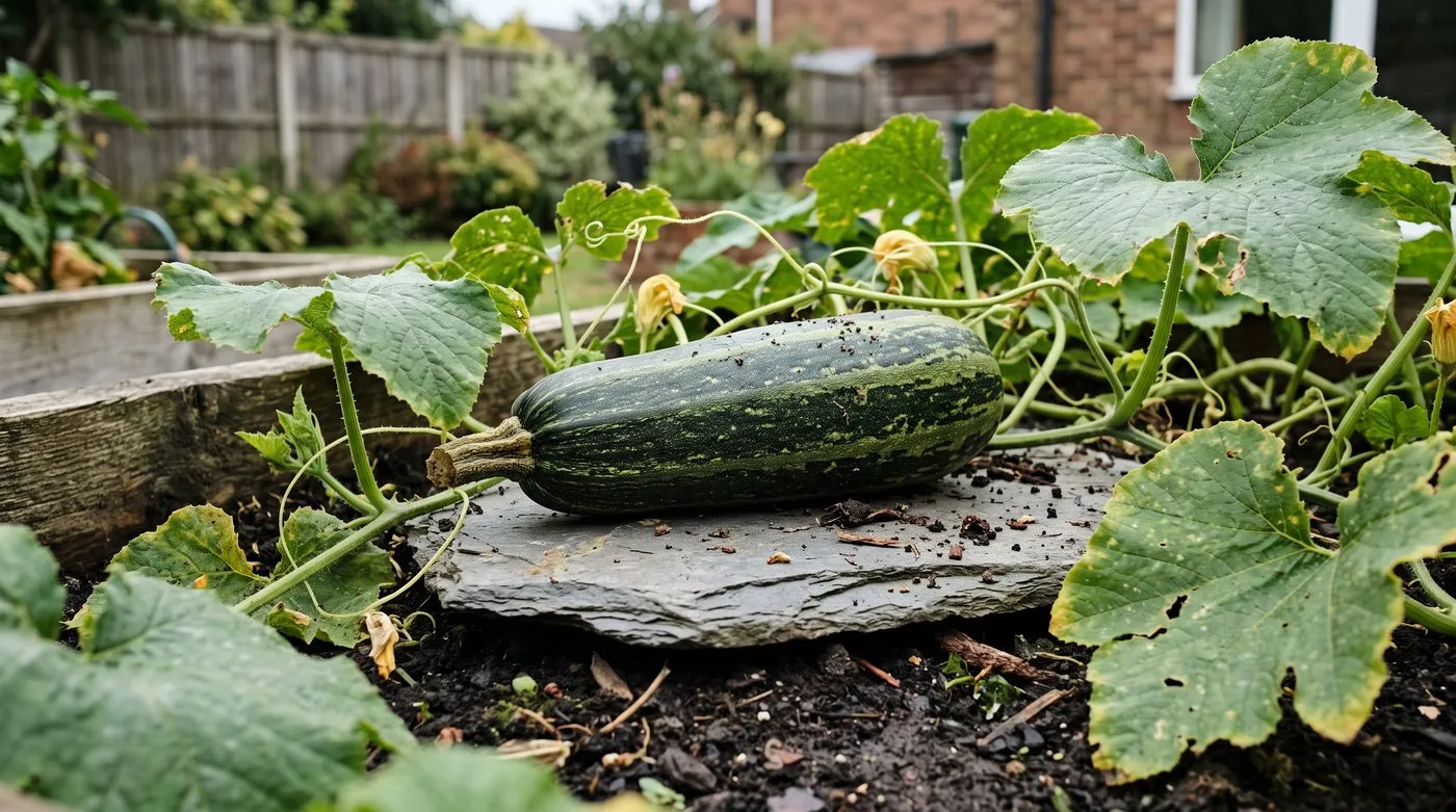 Striped marrow resting on a slate tile to keep it off damp soil