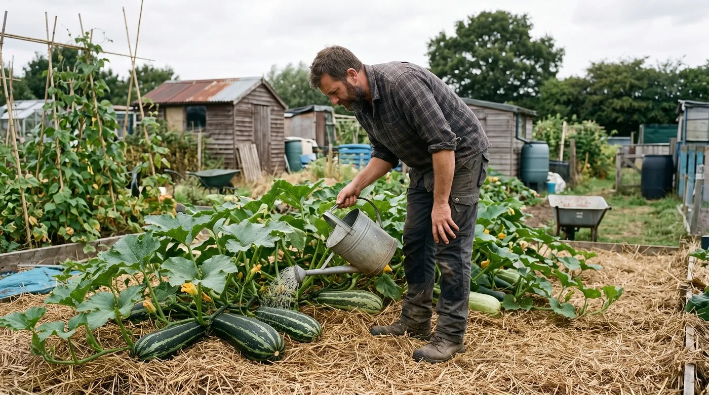 Man watering the base of a marrow plant over thick straw mulch, keeping the leaves dry