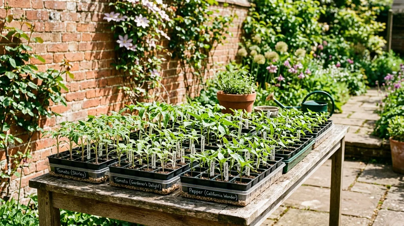 May hardening off: trays of tomato and pepper seedlings on a garden patio