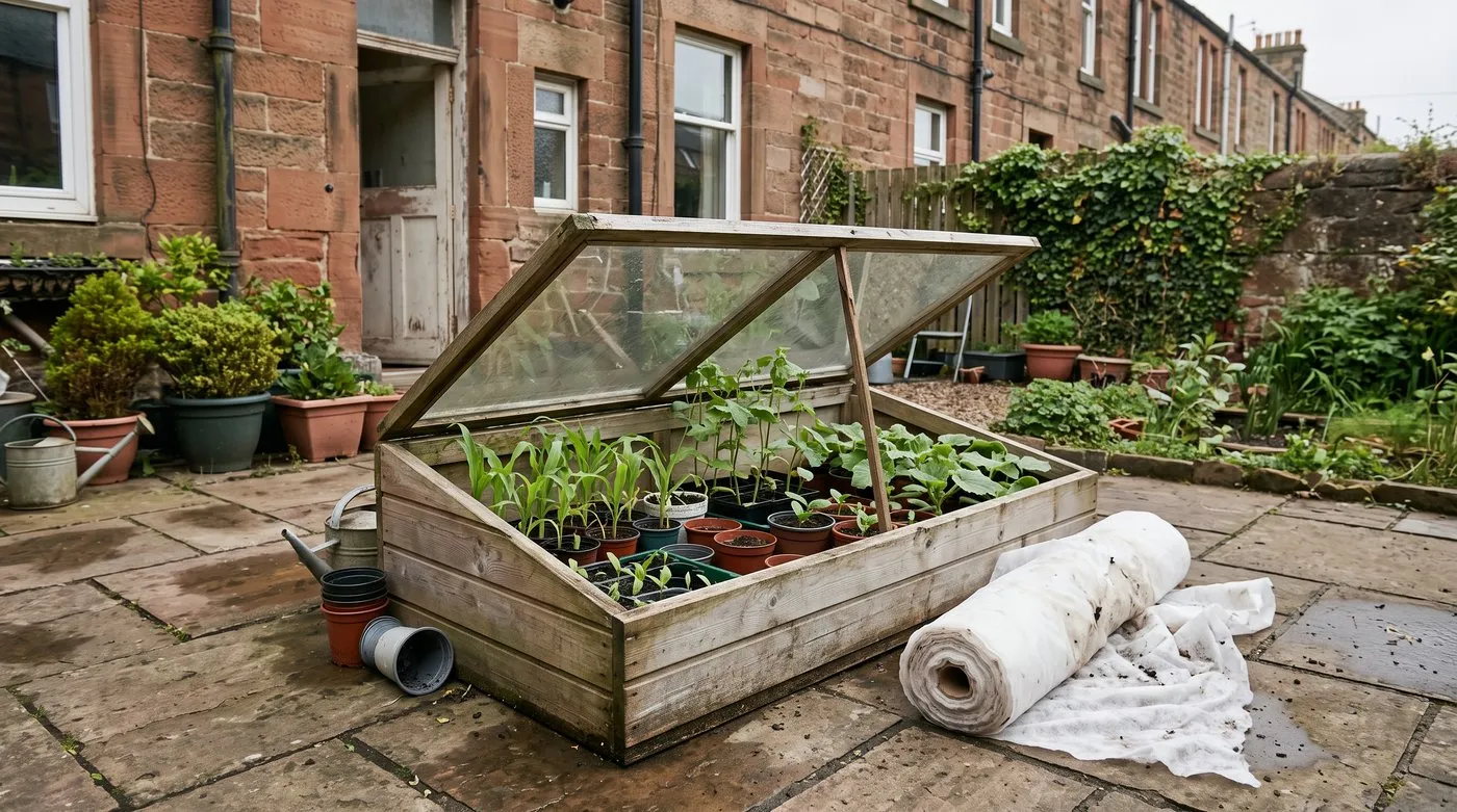 Open cold frame full of young sweetcorn, bean and courgette plants being hardened off