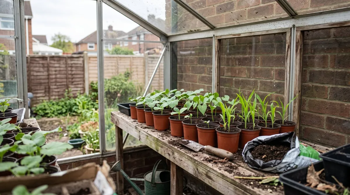 Pots of young courgette, squash, bean and sweetcorn seedlings on a greenhouse potting bench in May