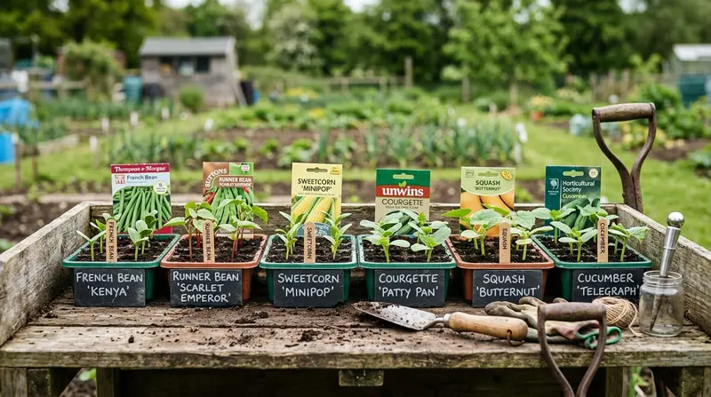 Six trays of French bean, runner bean, sweetcorn, courgette, squash and cucumber seedlings on a UK allotment bench in mid-May