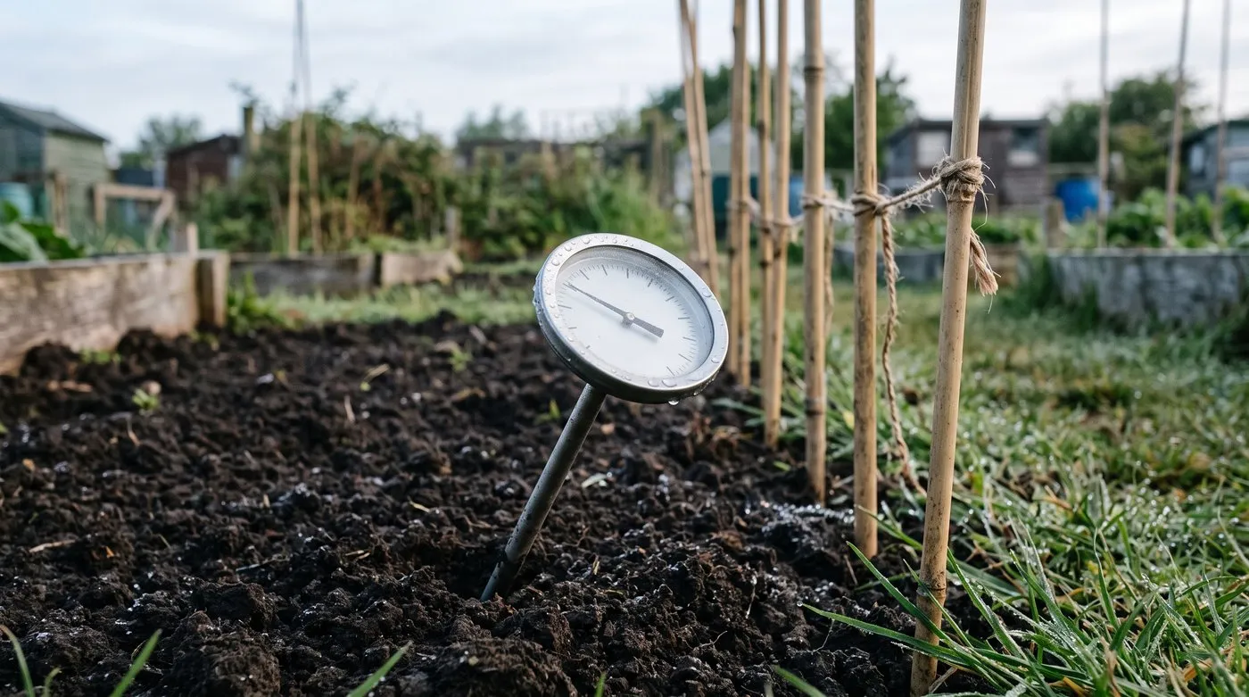 Soil thermometer pushed into a raked vegetable bed on an early May morning