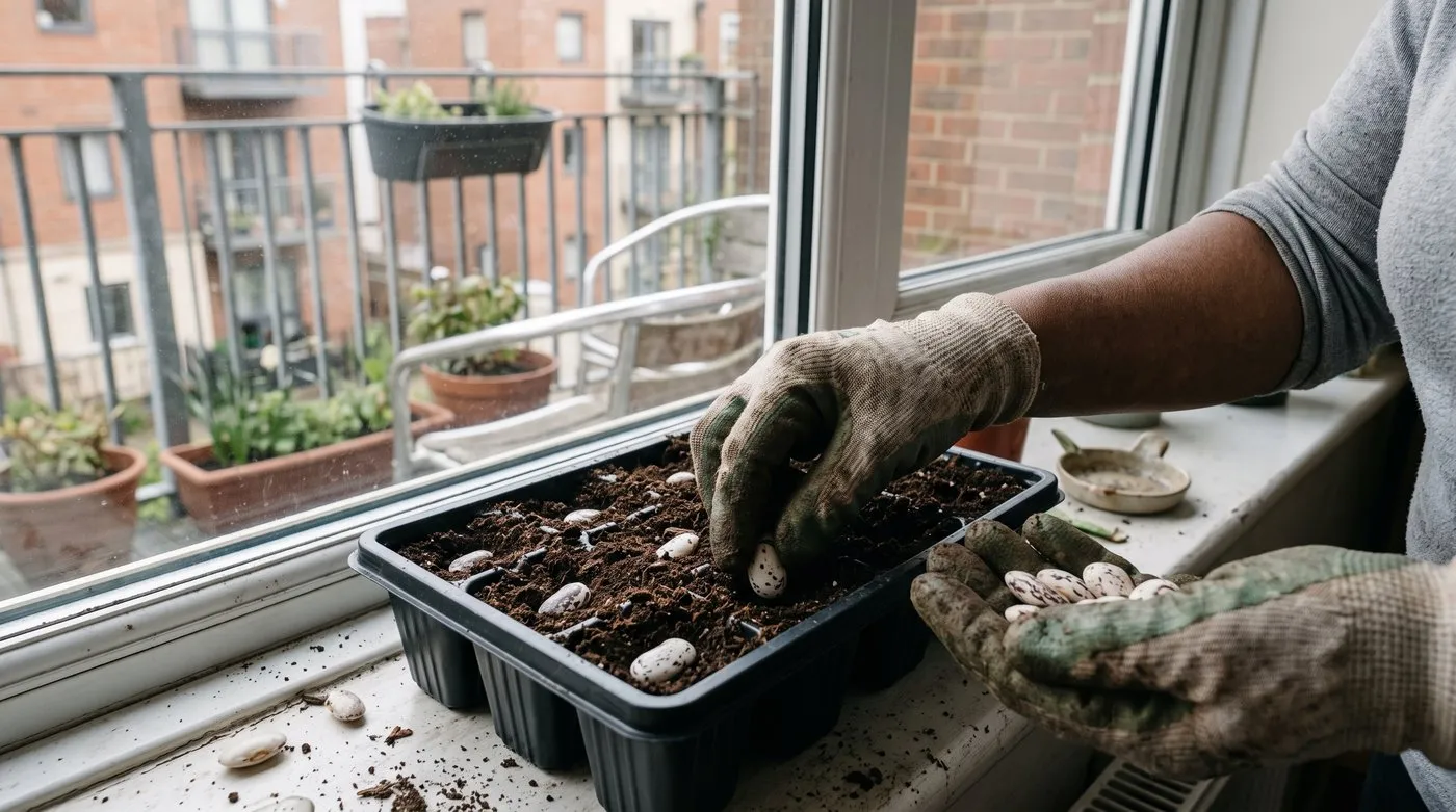 Gloved hands pressing French bean seeds into a module tray of compost on a windowsill