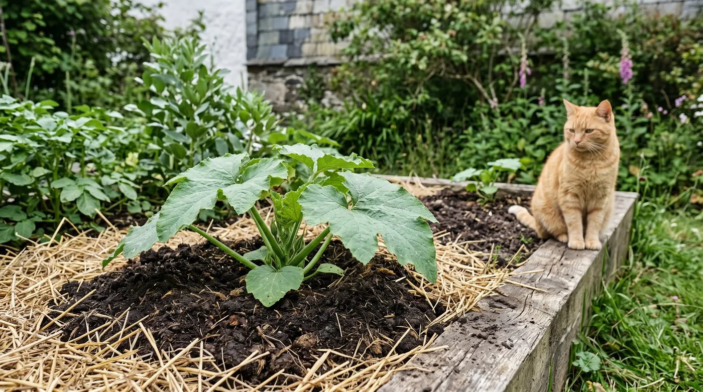 Young squash plant planted into rich soil in a vegetable bed with a ginger cat sitting nearby