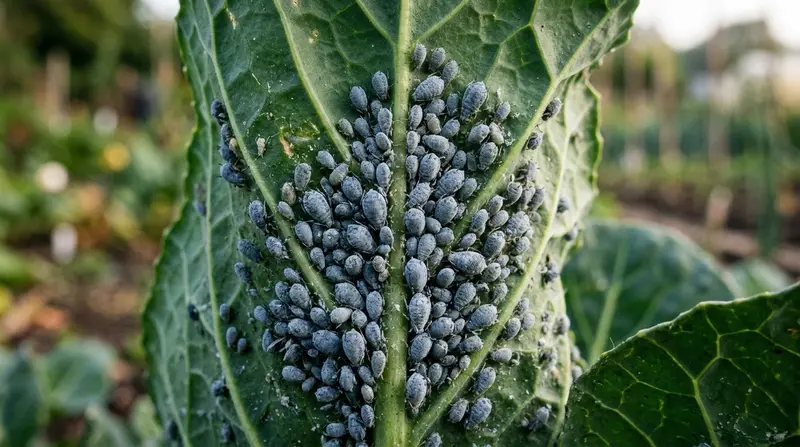 A dense colony of waxy grey-blue mealy cabbage aphids on the underside of a green cabbage leaf