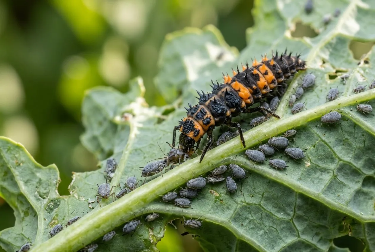 A black and orange ladybird larva feeding on grey aphids on a kale leaf